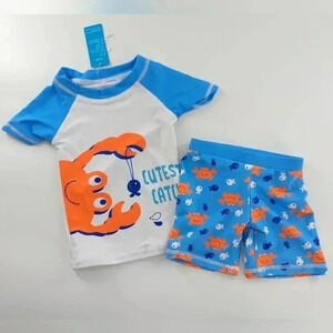 Little Crab Cutest Catch Boys Size 2 Blue And White Swim Top And Shorts